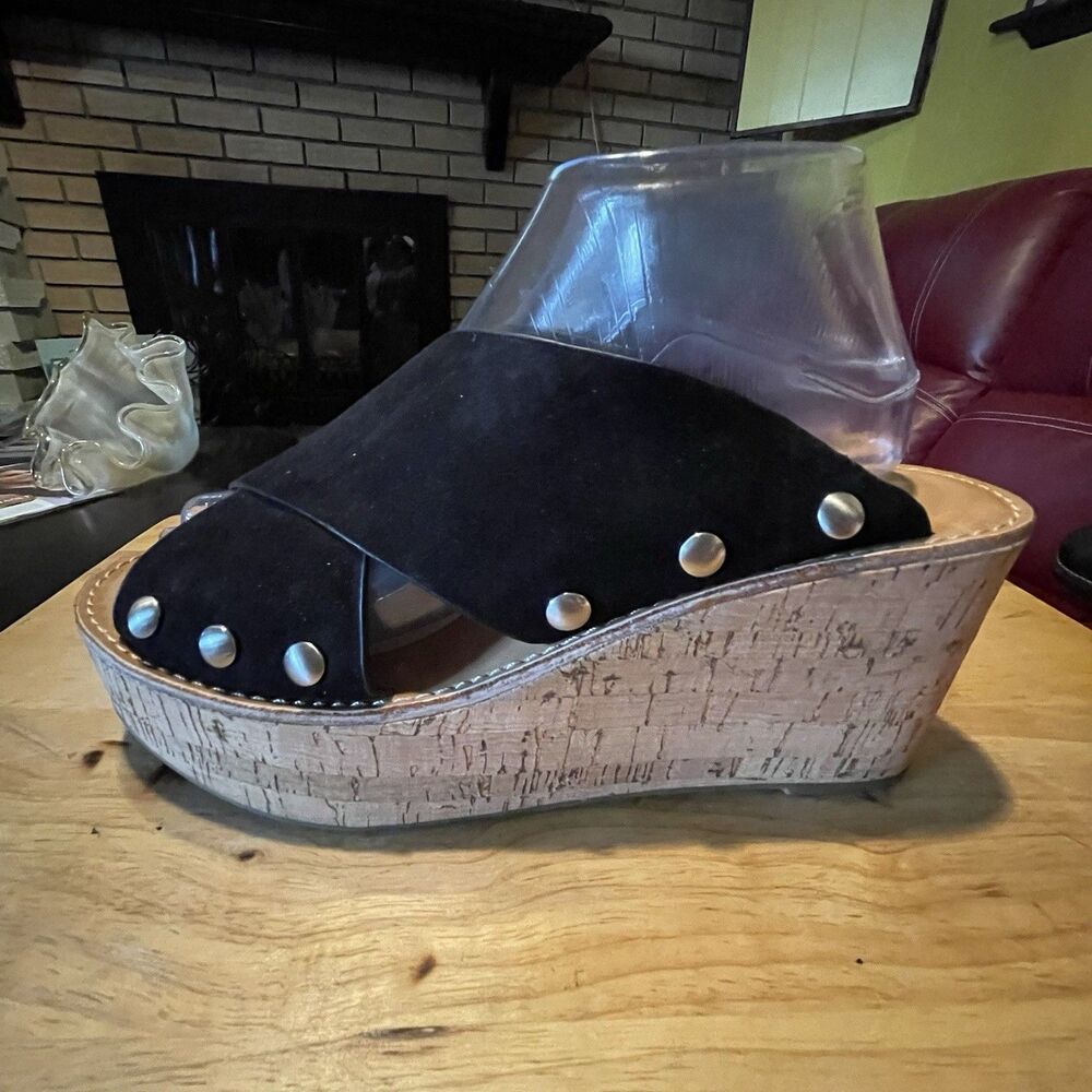 Chinese Laundry Wedge Cork Sandals with studs, Black Suede, Women's US 10 EU 41 - Picture 9 of 16